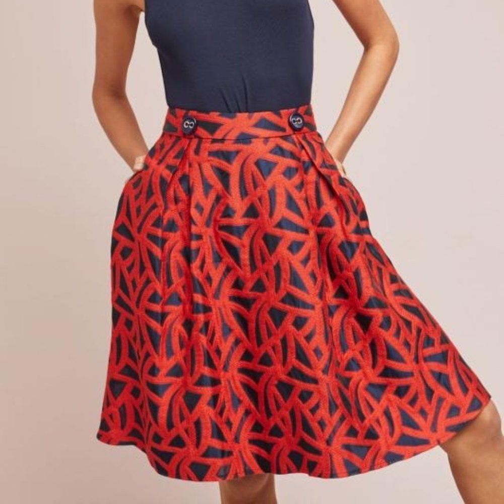 Anthropologie Skirt Pockets Lined Eva Franco Mariner Full A-Line Red Blue Size 2